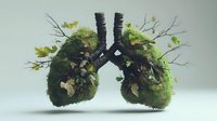 Anatomical lungs shaped from moss, branches and leaves on light background, representing environmental health and nature connection to human body systems.
