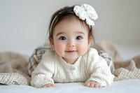 Smiling baby girl with white flower headband wearing cozy knit sweater lying on soft blanket, perfect for family, parenting, and childhood themes.