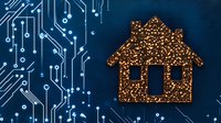 Smart home concept with glowing house icon on circuit board background, representing modern home automation technology and IoT connectivity.