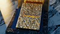 Golden subscribe button on luxury marble background with glitter and sparkle effects creates engaging social media marketing visual element.
