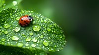 Ladybug resting on green leaf covered with morning dew drops. Close up macro photography with soft bokeh background shows nature's delicate beauty.
