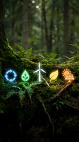 Glowing renewable energy icons arranged on mossy forest log with ferns, representing sustainable power sources and environmental conservation in nature.