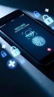 Smartphone displaying secure biometric login screen with glowing fingerprint and face scan icons, padlocks floating around, dark blue tech background.