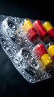 Colorful medicine capsules in wet blister pack with water droplets on dark background for pharmaceutical and healthcare concepts.