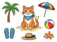 Cartoon orange tabby cat wearing blue bandana sitting on sand surrounded by beach items including palm tree, beach umbrella, flip flops, beach ball, straw hat and starfish. Isolated clipart elements ready for design projects.