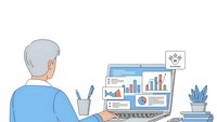 Senior businessman analyzing financial data and charts on laptop computer at modern office desk for business strategy and market research planning.