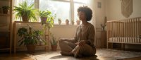 Middle-aged woman with curly dark hair and medium brown skin tone meditating in lotus position on floor in bright nursery room with plants, crib, and natural sunlight for mindfulness, parenting, wellness content.