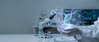 Scientist in white lab coat holding holographic DNA double helix with genetic data visualization in modern laboratory for biotechnology research and development.