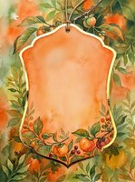 Watercolor autumn frame with ornate badge shape, orange fruits and green foliage on textured background, isolated on white border for greeting cards, invitations, and seasonal designs.