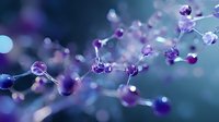 Delicate purple molecular structure against blurred blue background creates dreamy scientific atmosphere. Abstract composition with spheres connected by lines for science concepts.