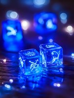 Two glowing blue dice with mystical symbols on dark surface with bokeh lights background for gaming and fantasy tabletop role-playing adventures.