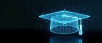 Glowing wireframe graduation cap with digital particles on dark background, representing online education, e-learning, and academic achievement for web and technology design.
