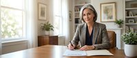 Mature woman with gray hair and fair complexion, wearing professional beige blazer, seated at wooden desk writing on document in bright office with shelving and plants.