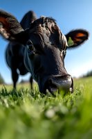 Close-up portrait of curious black dairy cow looking directly at camera while grazing in green pasture on sunny day, with soft focus foreground grass.