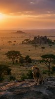 Male lion standing on rocky outcrop overlooking vast savanna landscape at golden hour sunset, with acacia trees and distant hills, wildlife safari scene.