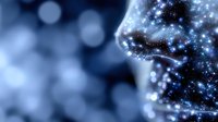 Silhouette of human head filled with stars and cosmic elements against blue bokeh background, representing consciousness and universe connection.