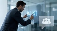 Professional businessman interacting with futuristic holographic interface displaying user icons in modern office environment for technology presentations.