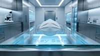 Medical face mask glowing on a futuristic lab table with Stay Safe text, symbolizing health protection and pandemic safety awareness.