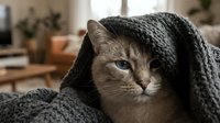 Adorable tabby cat wrapped in cozy gray knitted blanket at home, creating warm comfortable atmosphere for pet care and relaxation concepts.