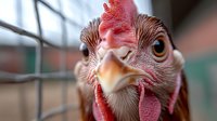 Close up portrait of young brown chicken with bright red comb and wattles looking directly at camera through wire fence, showing detailed feathers and beak.