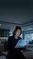 Middle-aged woman professional in dark blazer using digital tablet in modern office workspace with glass partitions and city skyline view for business technology concepts.