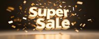 Golden metallic text Super Sale with flying confetti pieces on dark background with reflective surface. Promotional design for retail marketing and advertising.