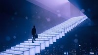 Silhouette of male professional climbing illuminated staircase against blue digital cityscape with bokeh lights, representing career growth and business success.