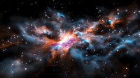 Cosmic nebula with vibrant orange and blue gas clouds illuminated by distant stars, creating dramatic celestial light show against dark space background.