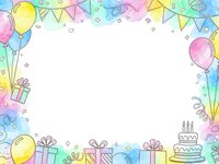 Watercolor birthday party frame with balloons, gifts, cake and bunting flags on white background for celebration invitations and greeting cards.
