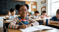 Young African American girl with glasses smiling in classroom while writing in notebook during school lesson with diverse classmates in background.