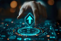 Futuristic glowing blue arrow interface with human hand reaching towards holographic technology display against dark background with bokeh lights.