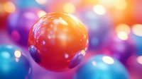 Vibrant orange and blue spheres floating against blurred colorful bokeh background create dreamy atmospheric composition with soft focus effect and light reflections.
