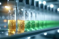 Glass test tubes with colorful yellow and green liquid samples in modern laboratory setting with bokeh light effects and reflective surface.