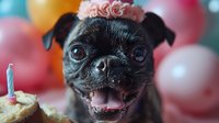 Black pug dog wearing pink flower crown celebrating birthday with cake and candle against colorful balloon background.