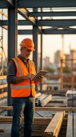 Middle-aged male construction worker wearing orange hard hat and safety vest using tablet on building site at sunset with city skyline backdrop for construction and technology projects.