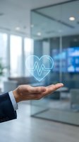 Businessman holding glowing digital heart with pulse line, health insurance and medical technology concept in modern office.