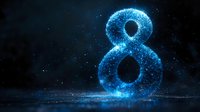 Glowing blue number eight formed by luminous particles against dark background with sparkles and reflection on surface. Digital art concept.