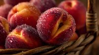 Fresh ripe nectarines with water droplets in rustic wicker basket, showcasing vibrant red and yellow skin for food photography and healthy eating concepts.