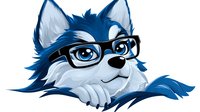Friendly cartoon husky dog character with glasses and blue fur looking upward with curious expression, isolated on white background for mascot and logo design.