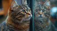 Curious tabby cat with bright amber eyes gazing at own reflection in window glass with water droplets, creating atmospheric moody portrait in blue tones.