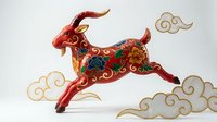Ornate red goat with floral patterns leaping through golden clouds in traditional Asian art style for lunar new year celebrations and cultural designs.