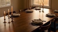 Elegant dining room table set with candles and place settings in warm natural light creating cozy atmosphere for dinner party or special occasion meal.