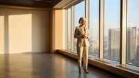 Professional businesswoman in suit standing by office windows overlooking city skyline during golden hour, contemplating future business decisions and opportunities.