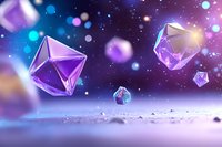Floating crystal gems in cosmic space with purple and blue nebula background, sparkling lights and bokeh effects for luxury design projects.
