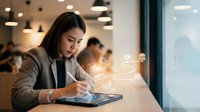 Professional businesswoman working on digital tablet in modern office cafe environment with warm lighting and contemporary workspace atmosphere.