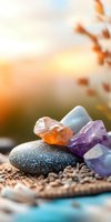 Healing crystals and black zen stone arrangement with amethyst, citrine, and celestite on natural background in warm sunset light. Spiritual wellness concept.