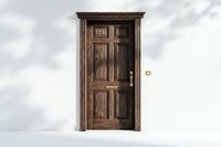 Elegant wooden door with classic six-panel design and brass hardware isolated on white background, featuring rich brown stained finish and traditional craftsmanship.