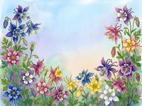 Watercolor columbine flowers frame a soft pastel sky background, creating a charming floral border with copy space for greeting cards.