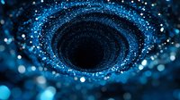 Cosmic spiral of glowing blue particles swirling into dark center creates mesmerizing tunnel effect against black background, abstract space design concept.