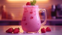 Fresh strawberry smoothie in glass mug with mint garnish on kitchen counter. Healthy pink fruit drink with whole berries for breakfast nutrition and wellness.
